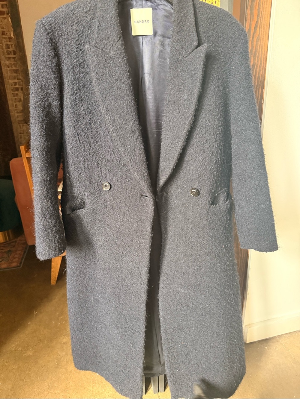 Sandro Navy Bouclé Double-Breasted Long Coat